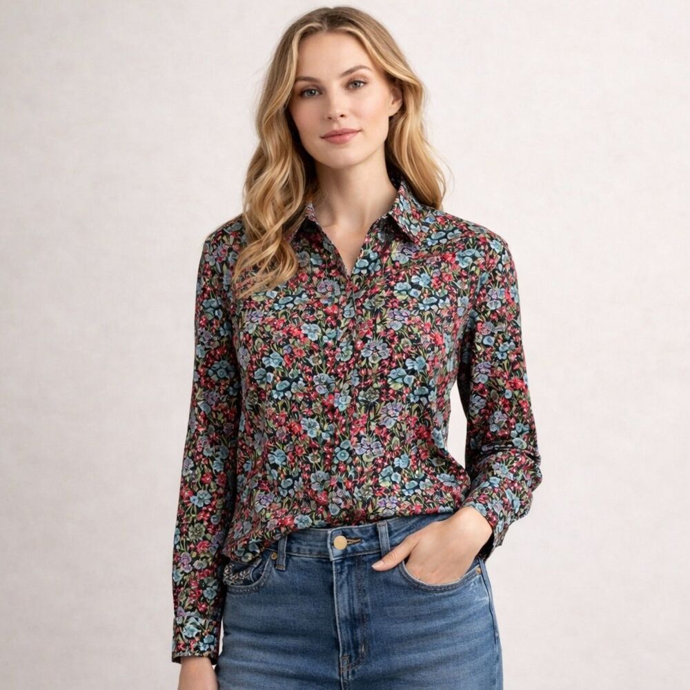 Liberty London For J. Crew Dark Floral Button Up Shirt Sz 8 Preppy Cottagecore